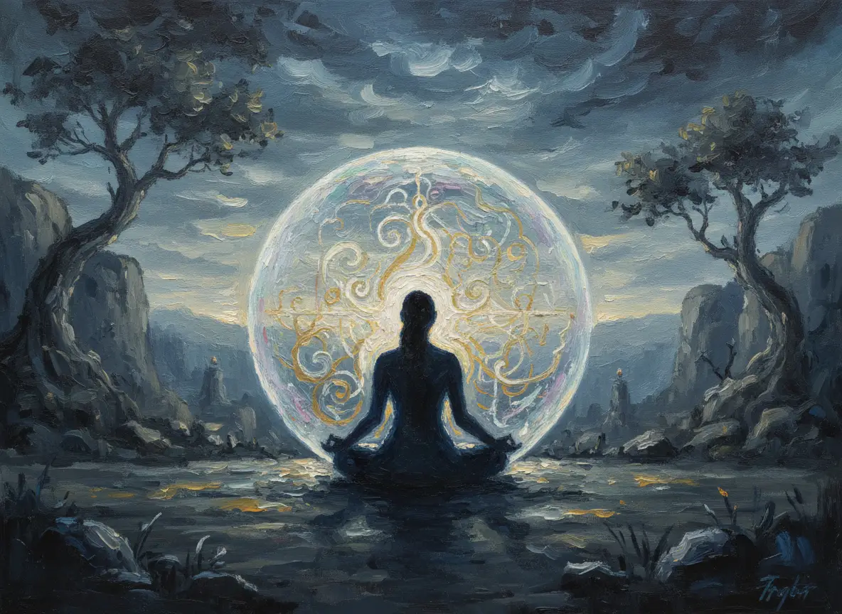 Représentation artistique d'une bulle de protection spirituelle réfléchissante.