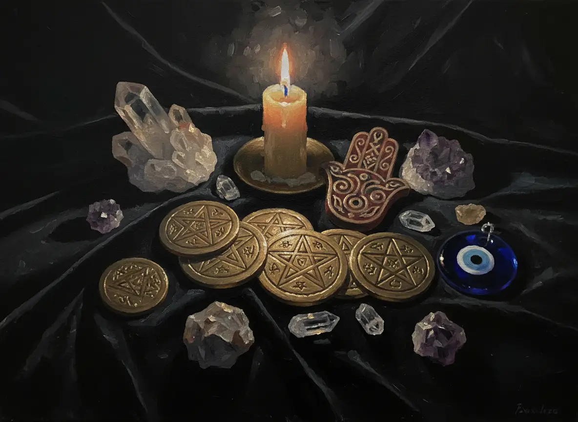 Peinture représentant une collection de talismans et d'objets de protection magique de différentes cultures.