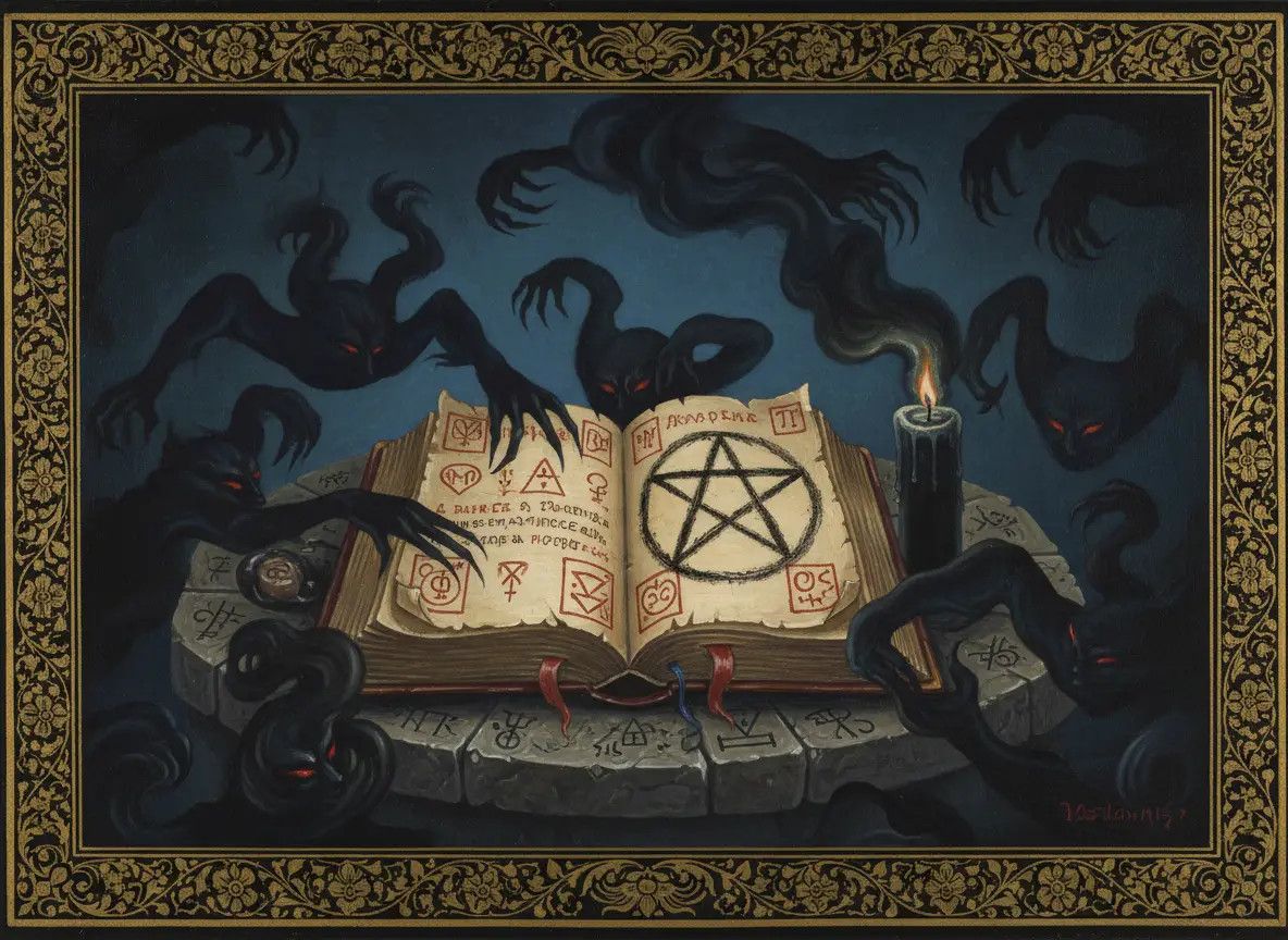 Illustration d'un vieux grimoire de magie noire posé sur une table, symbole de l'histoire de la sorcellerie.