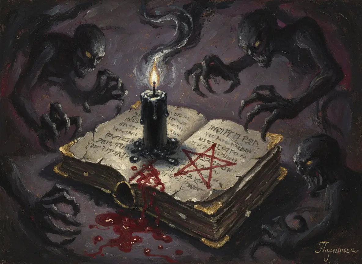 Illustration d'un vieux grimoire de magie noire ouvert, entouré de figures démoniaques sombres.
