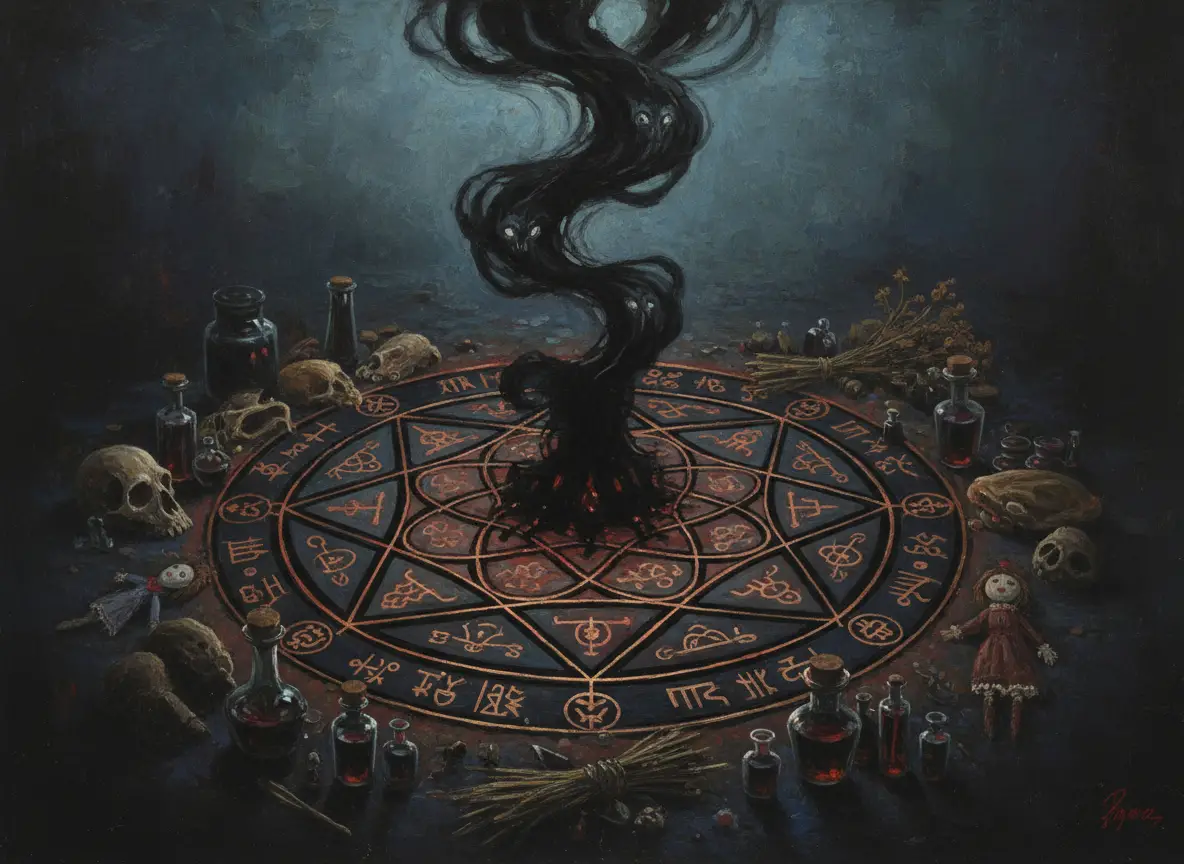 Peinture sombre illustrant un rituel de magie noire avec des personnages encapuchonnés.