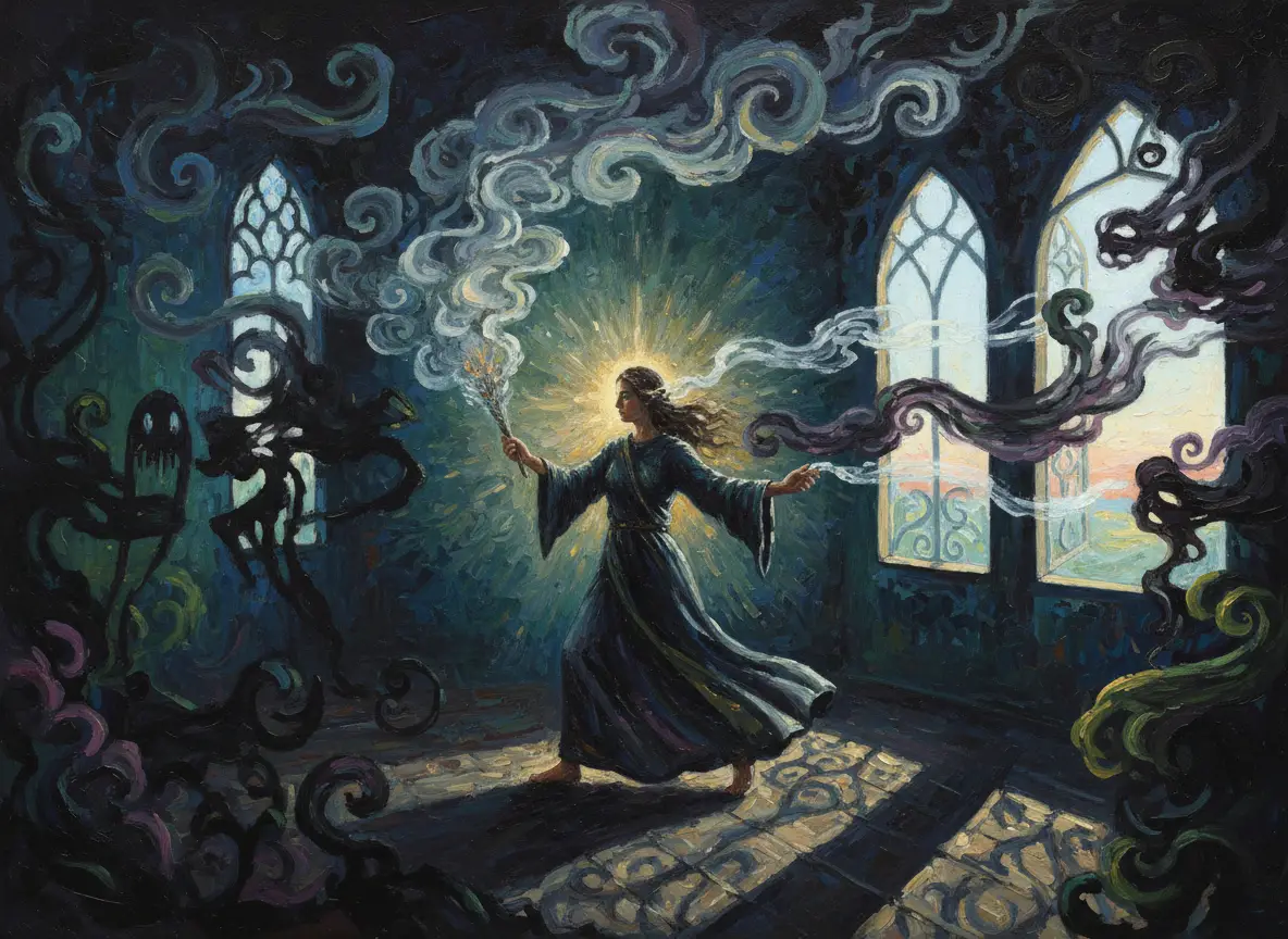 Peinture représentant une purification spirituelle par la fumée dans un lieu sombre et mystique