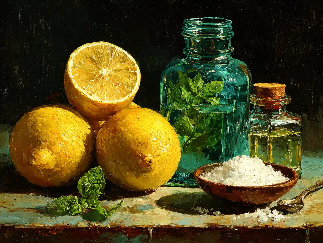 Composition rituelle pour un bain de protection avec des citrons coupés et du gros sel marin.