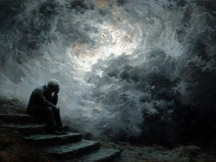 Peinture d'une personne victime d'un mauvais sort, soulignant la nécessité d'un bilan avant un rituel de désenvoutement.