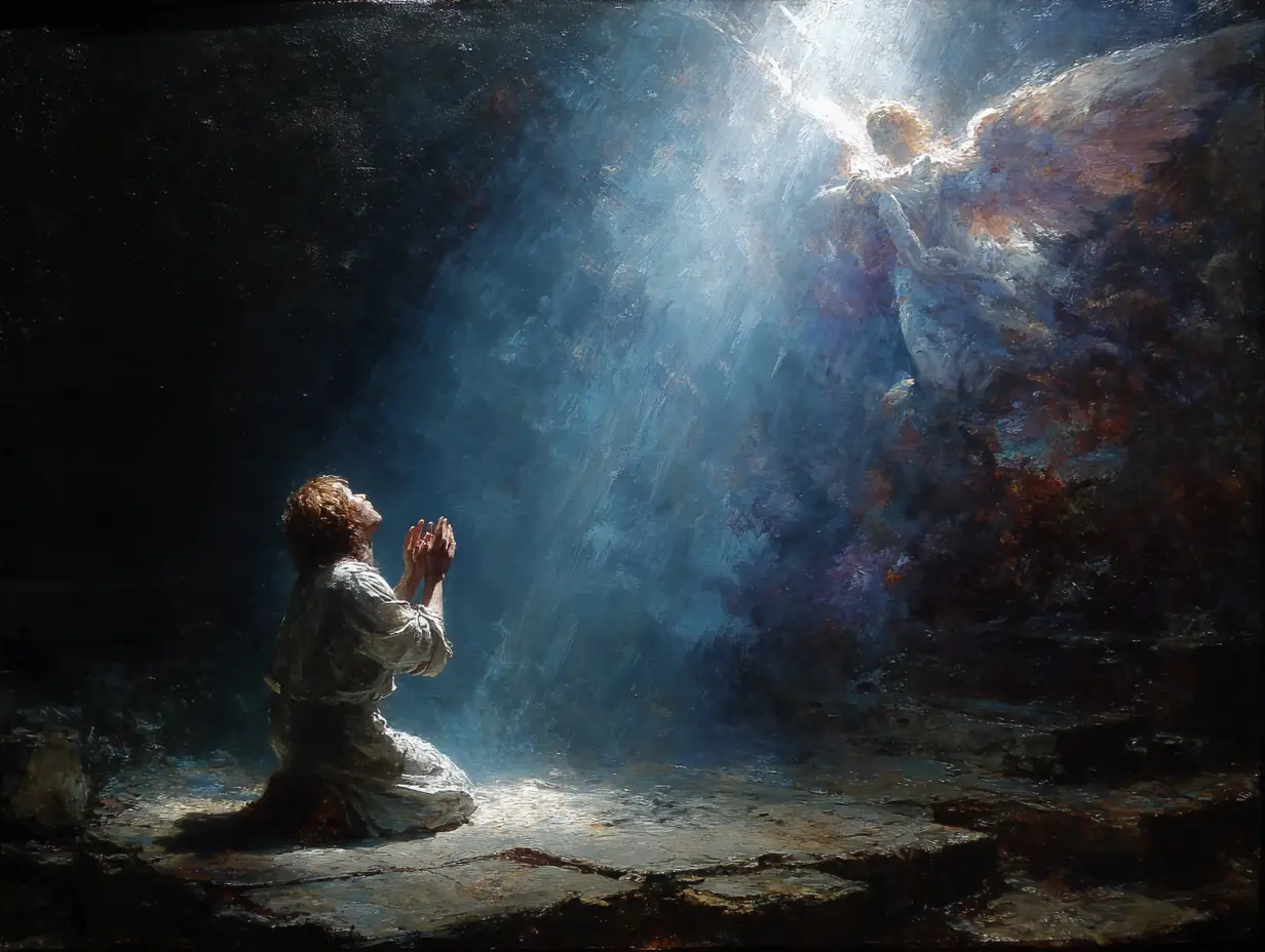 Illustration d'un ange gardien protégeant une personne en prière