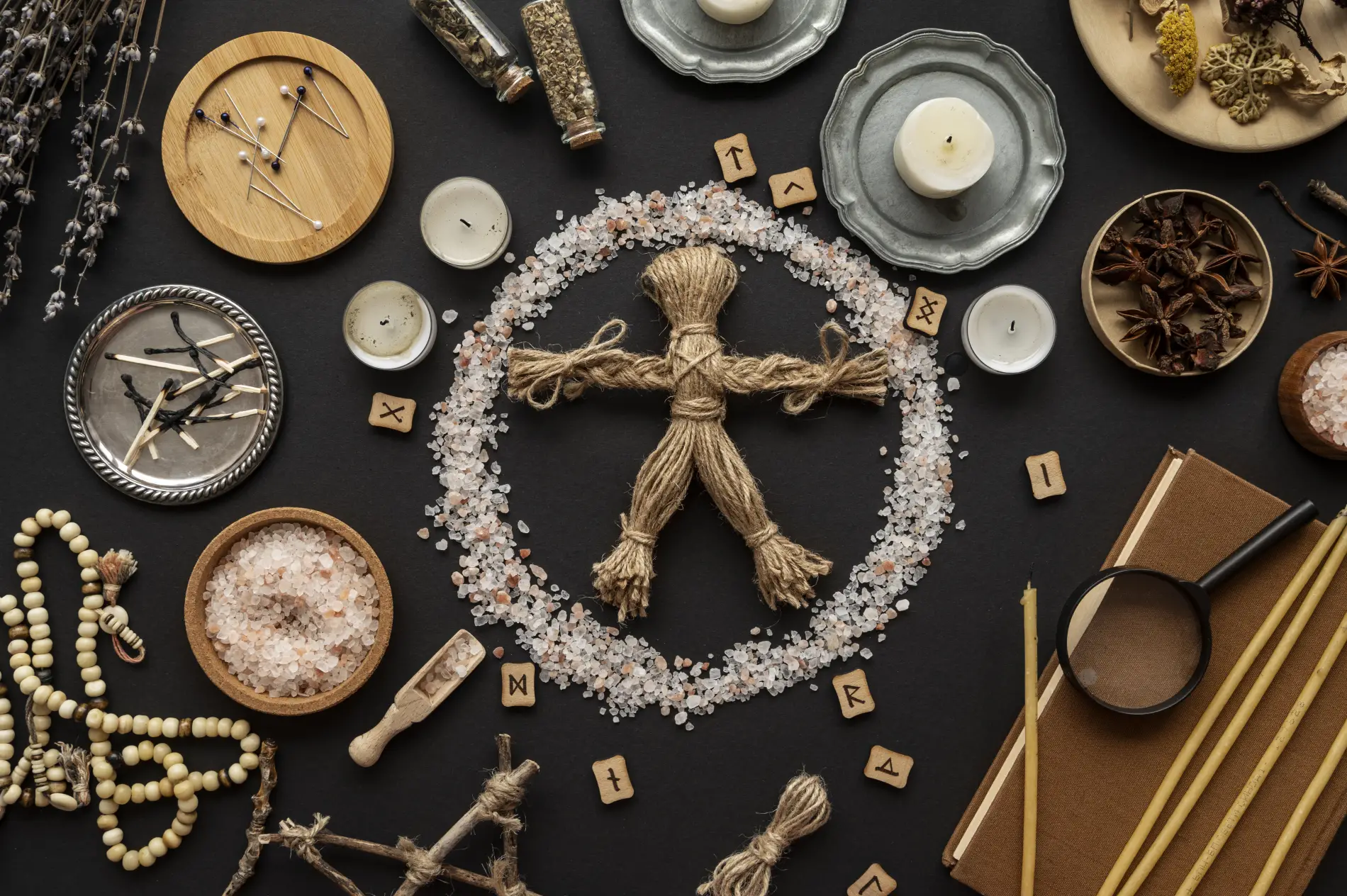Arrangement d'objets rituels vaudou avec bougies et herbes sur une table.